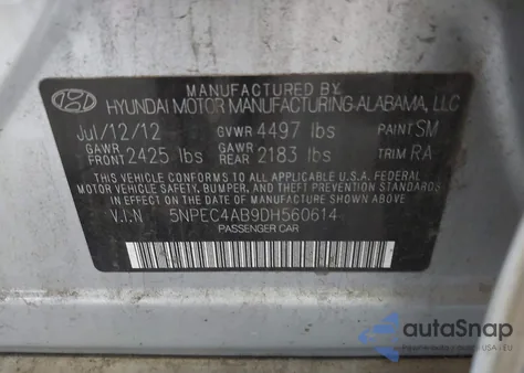2013 Hyundai Sonata Limited 2.0T from USA, damaged, VIN 5NPEC4AB9DH560614
